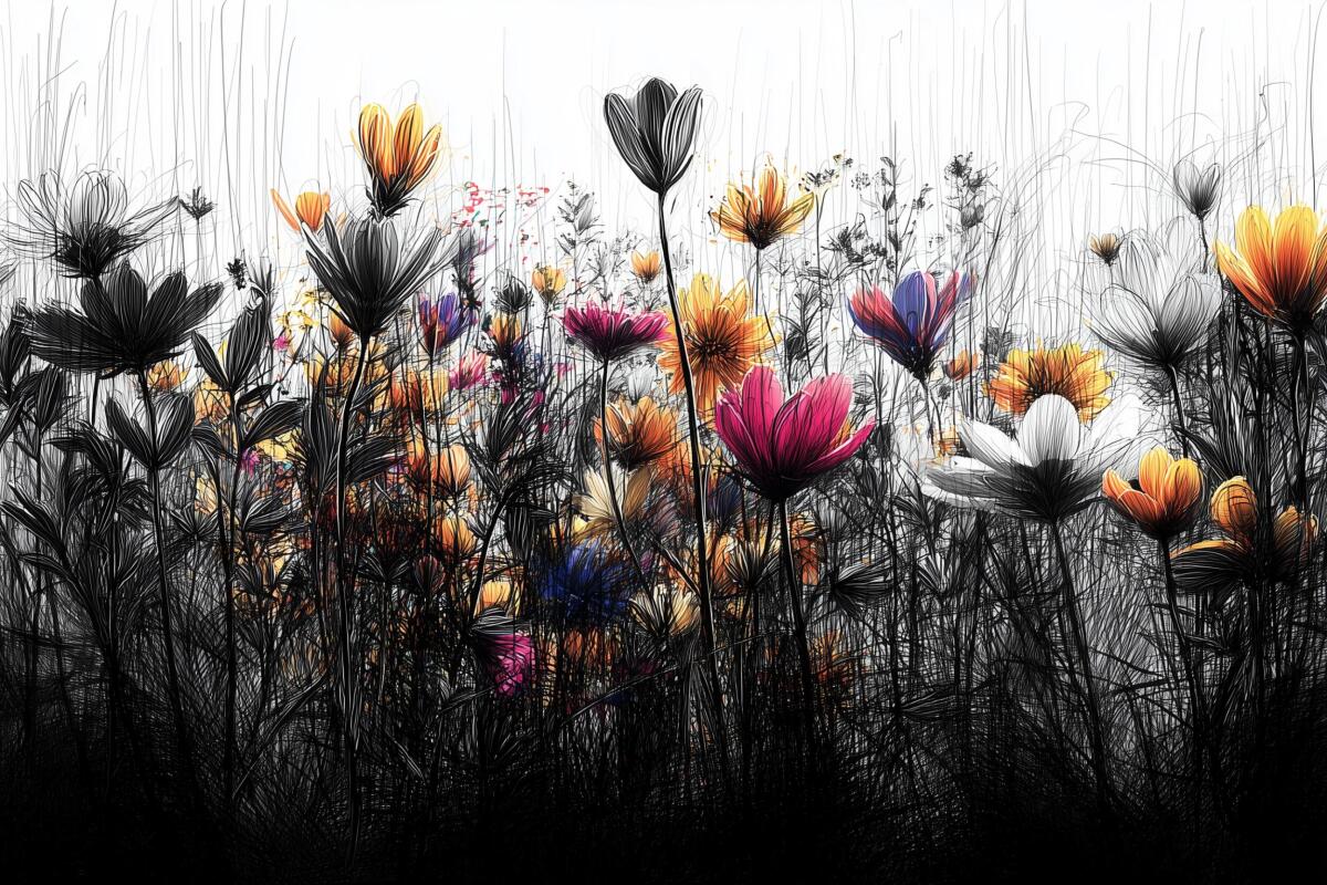 Nowoczesna Fototapeta z Polnymi Kwiatami | Czarno-Biała Tapeta z Kolorowym Akcentem | Ozdoba Ścienna do Sypialni 82216 - zdjęcie 4