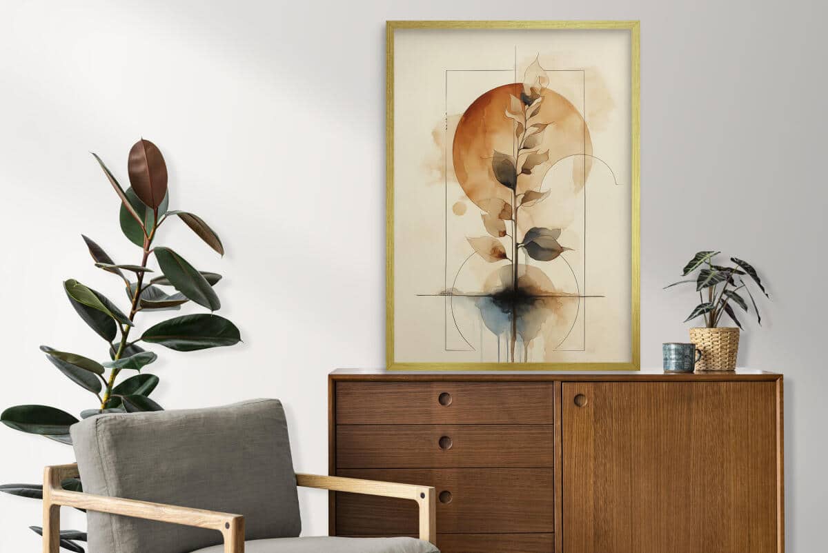 Subtelny Plakat Zen- akwarela i geometria | Minimalistyczny Obraz botaniczny w odcieniach brązu i beżu 82204