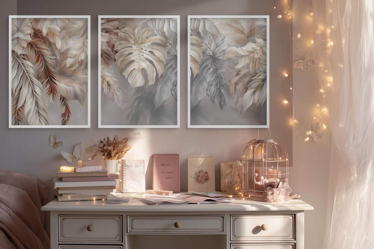 Eleganckie Plakaty Boho z Liśćmi | Tryptyk Botaniczny do Salonu i Sypialni w Odcieniach Beżu i Szarości 82258 - zdjęcie 3