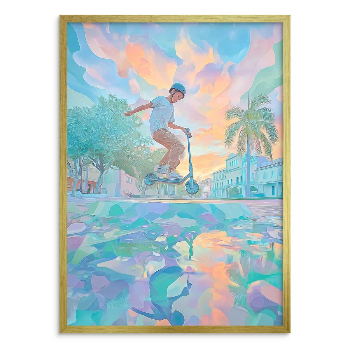 Młodzieżowy Plakat Urban Art– hulajnoga, miasto i pastelowe barwy | Kolorowa dekoracja do pokoju chłopca 82191 - zdjęcie 4