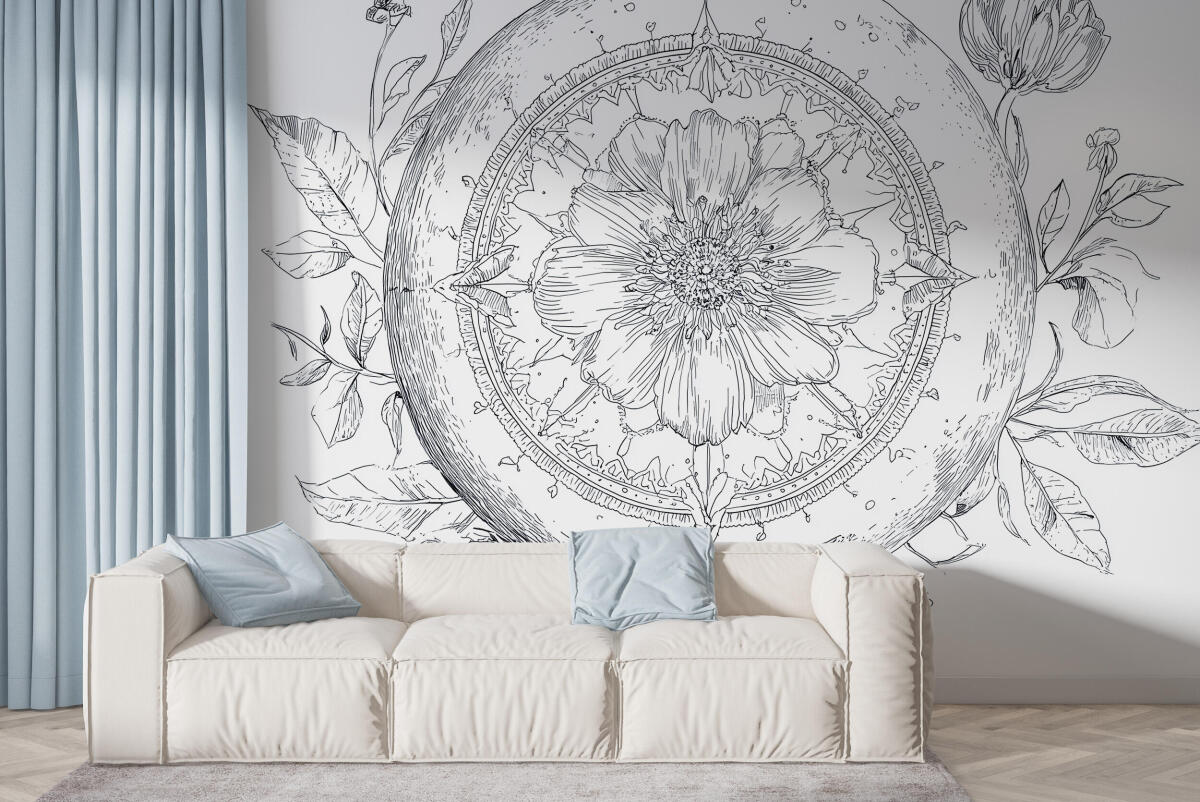 Elegancka Fototapeta Line Art- Szkicowana Mandala i Kwiaty | Czarno-biała dekoracja na ścianę w stylu boho 82209 - zdjęcie 3
