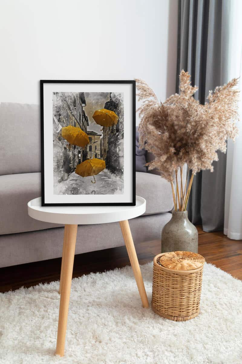 Elegancki, Plakat z Miejskim Pejzażem i Żółtymi Parasolami | Klimatyczna Uliczka w Akwareli 82311 - zdjęcie 4