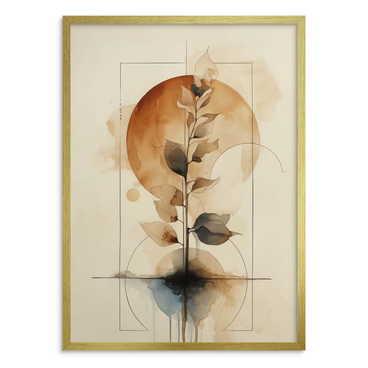 Subtelny Plakat Zen- akwarela i geometria | Minimalistyczny Obraz botaniczny w odcieniach brązu i beżu 82204