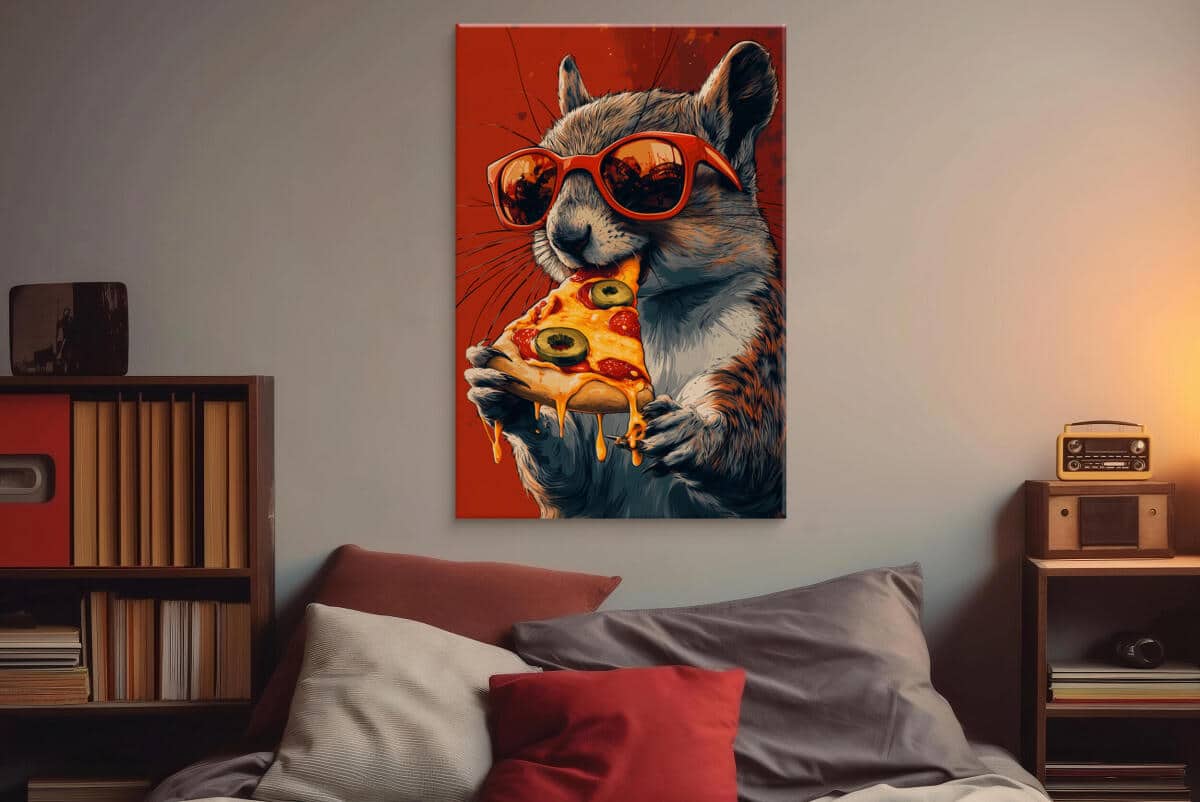Nowoczesny obraz na płótnie Wiewiórka z pizzą | Dekoracja ścienna pop art | Humorystyczna grafika do biura i pokoju nastolatka O94122 - zdjęcie 5