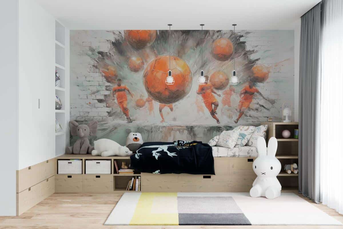 Fototapeta 3D Piłka Nożna – Piłkarze i Pomarańczowe Piłki | Sportowa Dekoracja do Pokoju Chłopca 82242 - zdjęcie 2