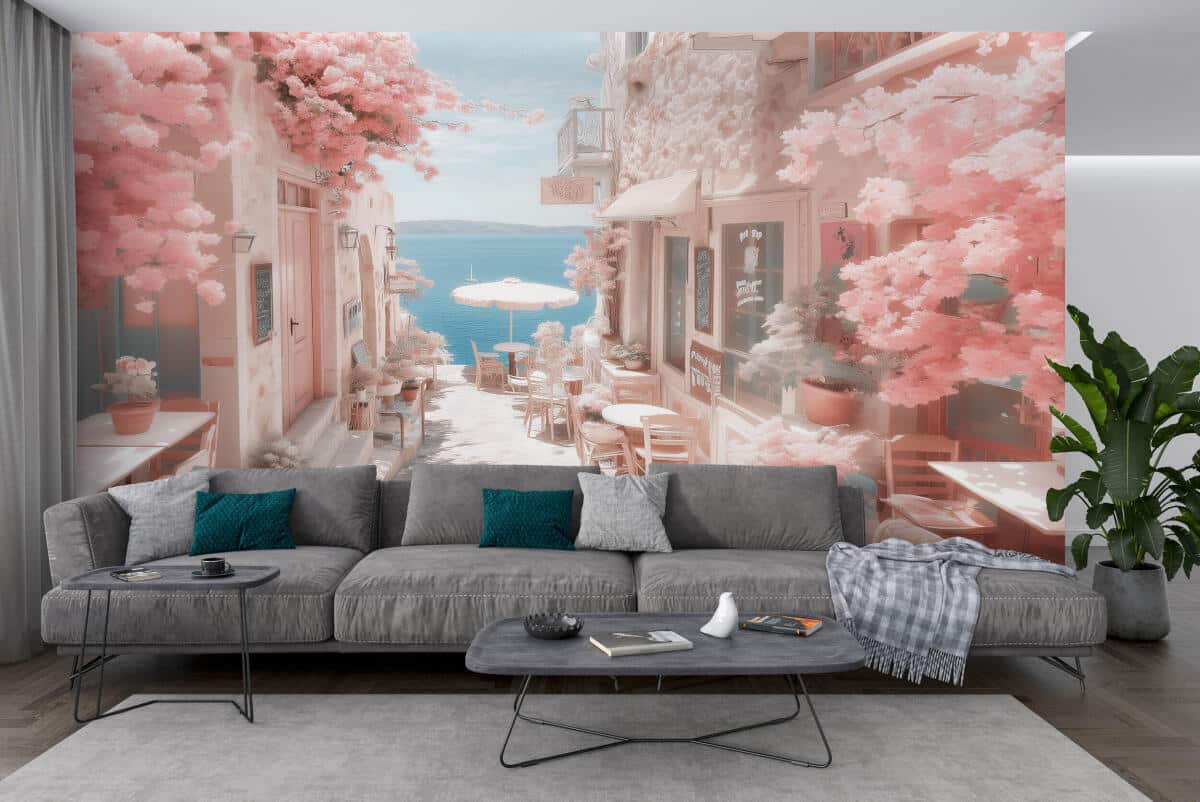 Fototapeta z różowymi kwiatami– Śródziemnomorska uliczka | Romantyczna dekoracja z widokiem na morze 82102 - zdjęcie 3
