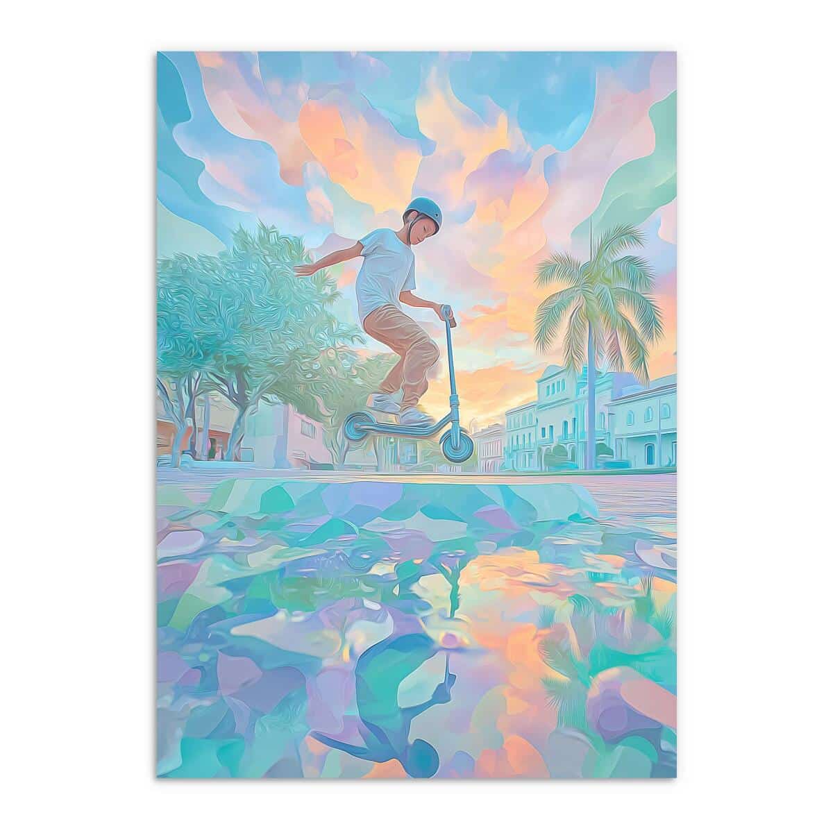 Młodzieżowy Plakat Urban Art– hulajnoga, miasto i pastelowe barwy | Kolorowa dekoracja do pokoju chłopca 82191 - zdjęcie 7