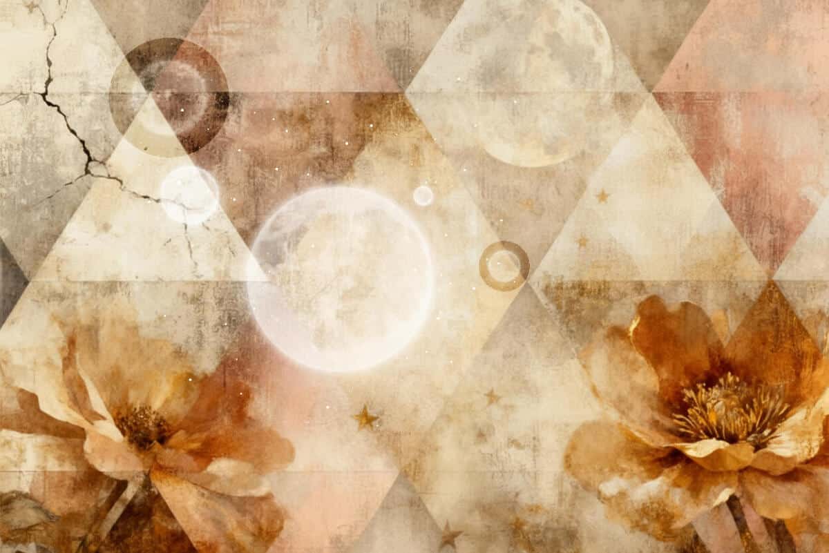 Geometryczna Fototapeta Boho – Trójkąty, Księżyc i Kwiaty | Beżowa Dekoracja Ścienna z efektem postarzenia 51040 - zdjęcie 3