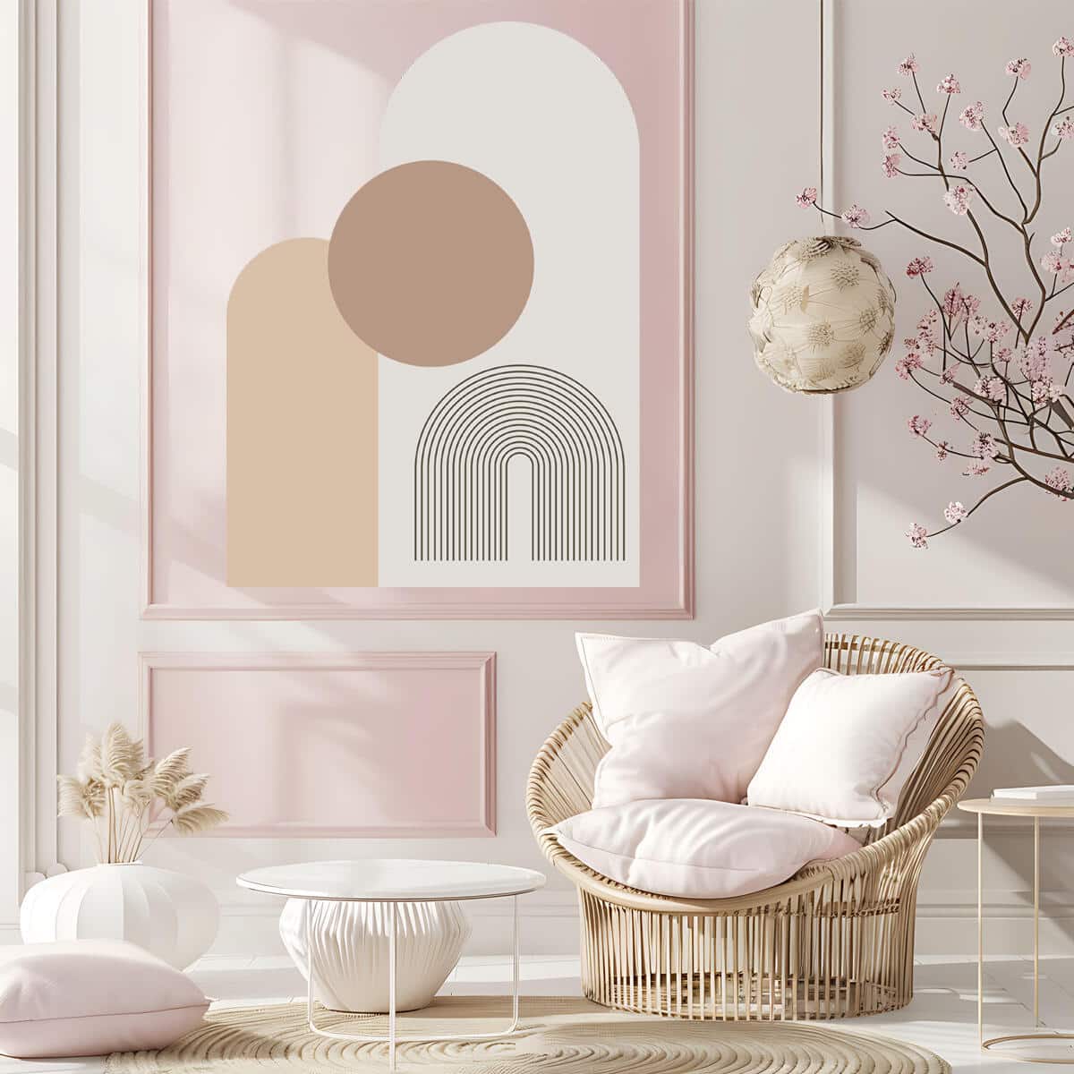 Dekoracyjna Naklejka na ścianę w stylu boho- Geometryczne Kształty | Beżowa dekoracja do salonu, sypialni T66779