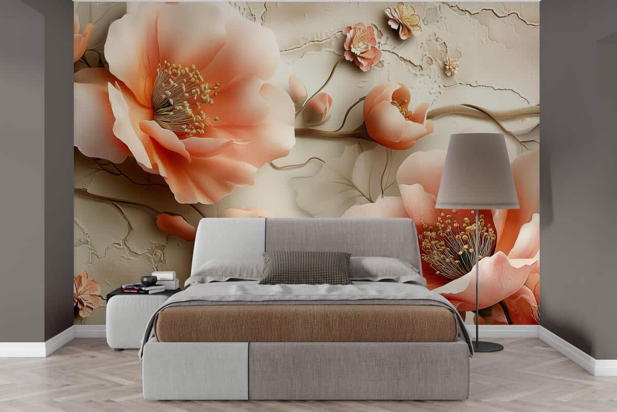 Romantyczna Fototapeta z Efektem 3D- Różowe Kwiaty | Elegancka dekoracja na ścianę do sypialni 82117 - zdjęcie 3