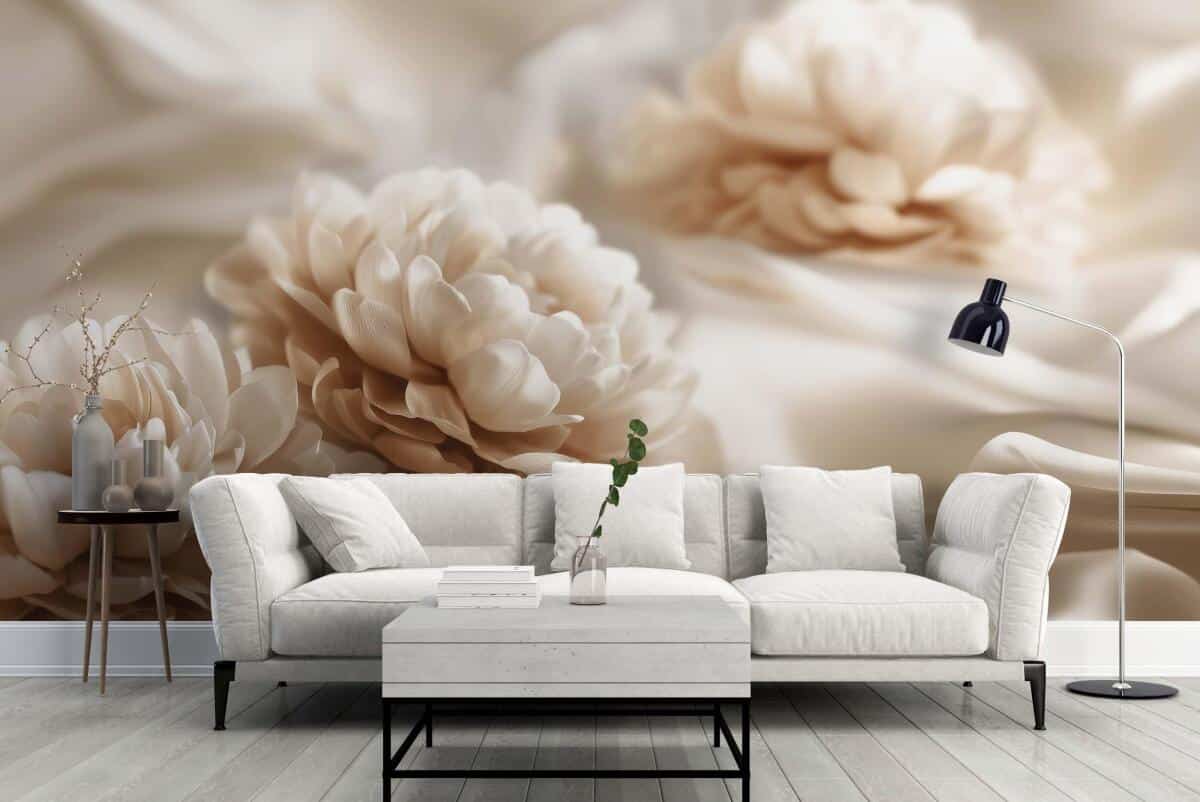 Elegancka Fototapeta z Kwiatami | Beżowe Peonie 3D | Dekoracja Ścienna w Stylu Glamour 82101 - zdjęcie 3