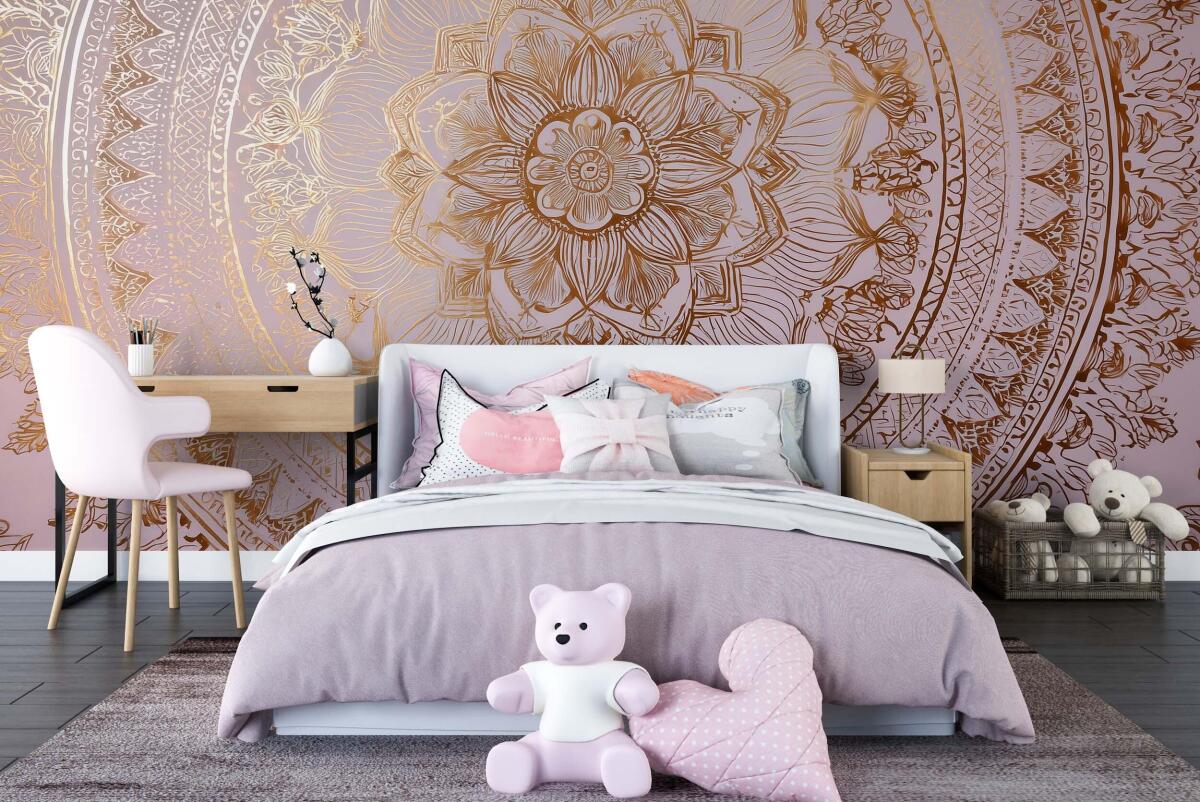Złoto i Róż – Luksusowa Dekoracja Ścienna z Mandalą | Elegancka Fototapeta Glamour Kwiat Lotosu 82151 - zdjęcie 2