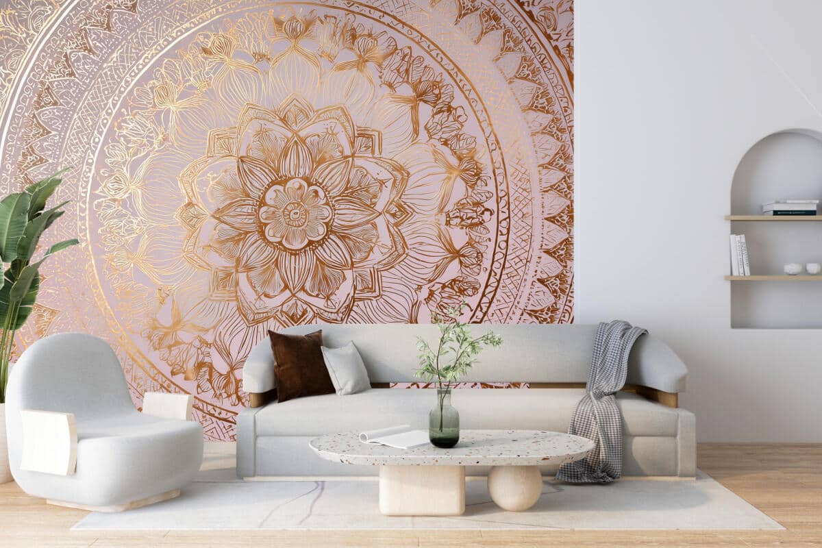 Złoto i Róż – Luksusowa Dekoracja Ścienna z Mandalą | Elegancka Fototapeta Glamour Kwiat Lotosu 82151 - zdjęcie 3