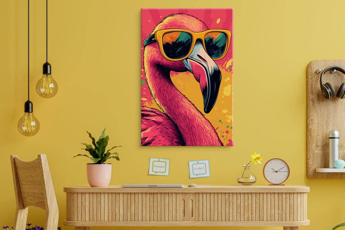 Obraz na płótnie Flaming w okularach | Kolorowa dekoracja ścienna | Tropikalny styl pop art do salonu, biura i pokoju młodzieżowego O94120 - zdjęcie 3
