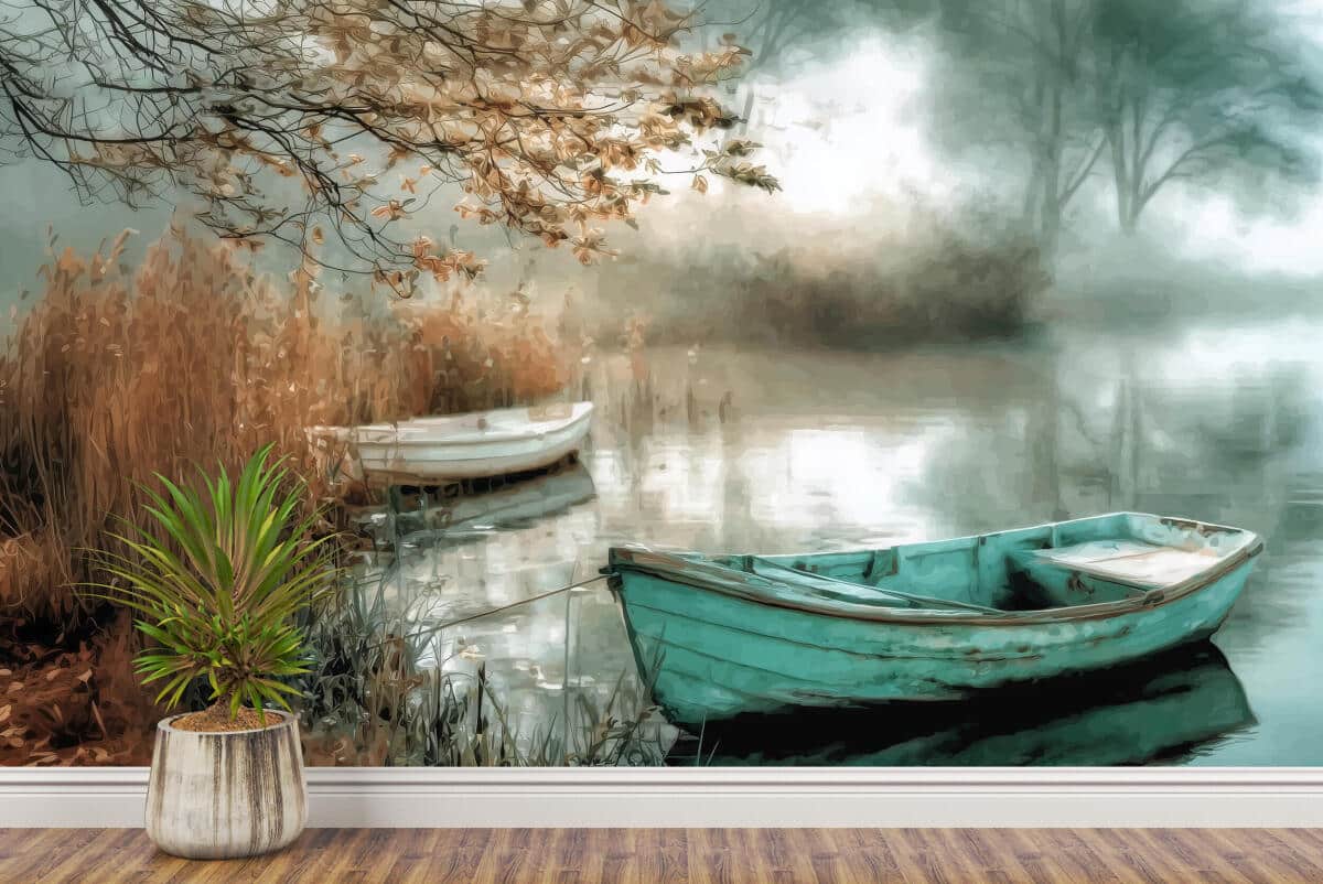 Nastrojowa Fototapeta do Sypialni- Łódki na jeziorze | Spokojny Krajobraz do wnętrz rustykalnych, boho 82108 - zdjęcie 2