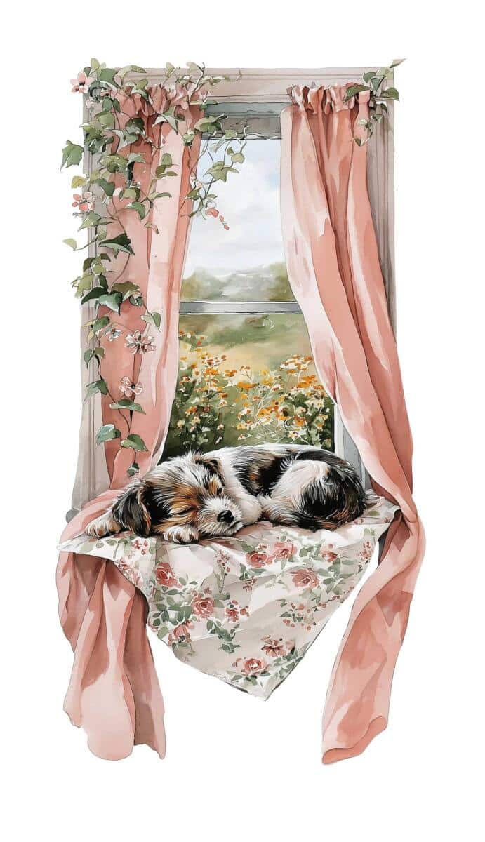 Różowa Naklejka dziecięca- Piesek w oknie | Sielski klimat do pokoju dziewczynki, żłobka, przedszkola T82171 - zdjęcie 4