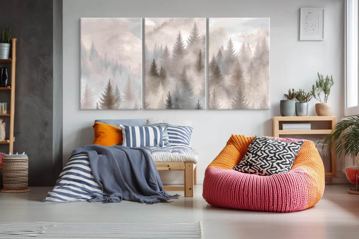 Tryptyk na Płótnie – Mglisty Las | Nowoczesny Obraz na ścianę do Salonu Boho i Nordic 82260 - zdjęcie 3