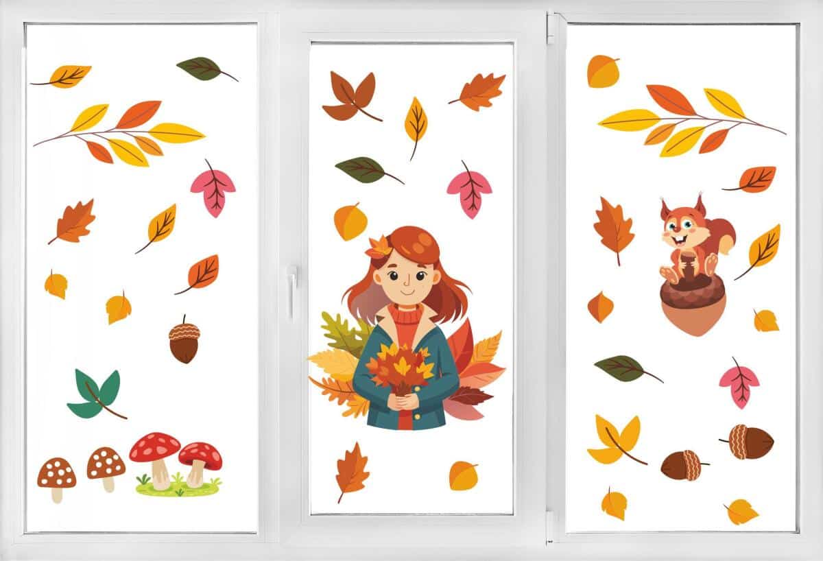 Dziecięce Naklejki na okno, szybę- Jesień | Kolorowe liście- dekoracja jesienna do przedszkola, klasy, żłobka 68024 - zdjęcie 3