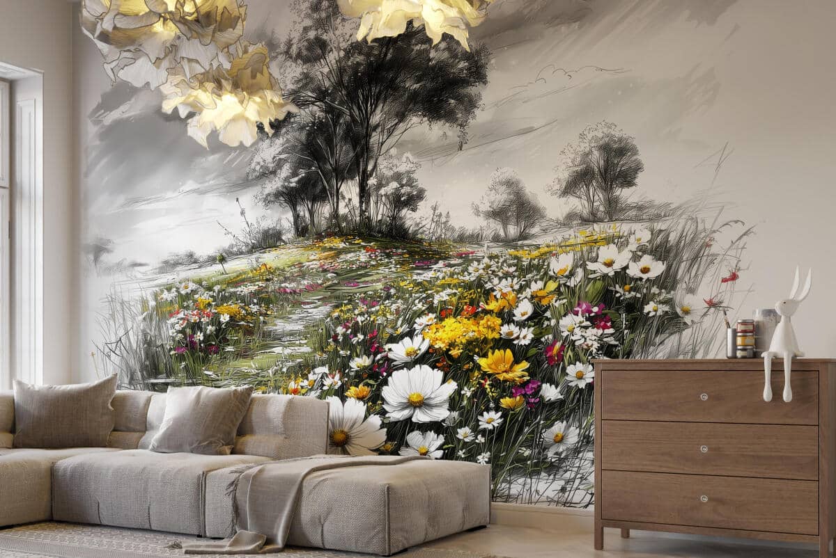 Czarno- biała Fototapeta z kolorowym akcentem- Łąka kwietna | Polne Kwiaty i drzewa- rustykalna dekoracja do salonu, sypialni 82212 - zdjęcie 2