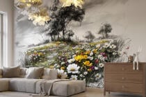 Czarno- biała Fototapeta z kolorowym akcentem- Łąka kwietna | Polne Kwiaty i drzewa- rustykalna dekoracja do salonu, sypialni 82212 - miniaturka 2