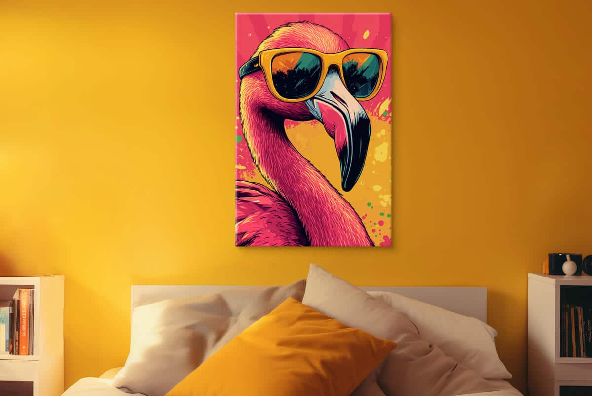 Obraz na płótnie Flaming w okularach | Kolorowa dekoracja ścienna | Tropikalny styl pop art do salonu, biura i pokoju młodzieżowego O94120 - zdjęcie 5