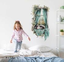 Naklejka na ścianę dla dziewczynki- Kotek w oknie | Bajkowa Dekoracja do dziecięcej sypialni T82170 - miniaturka 1