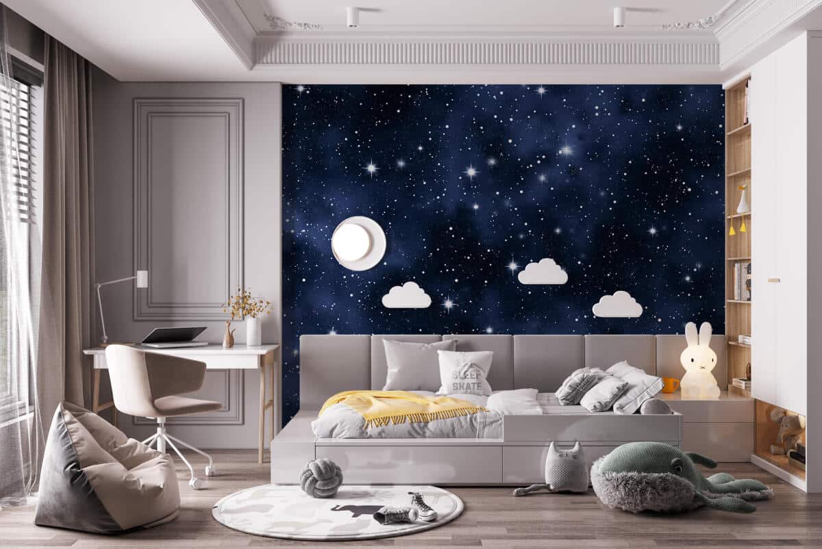 Granatowa Fototapeta do sypialni- Nocne niebo, Gwiazdy | Nowoczesna Tapeta z motywem Gwieździstego Nieba 94028 - zdjęcie 3