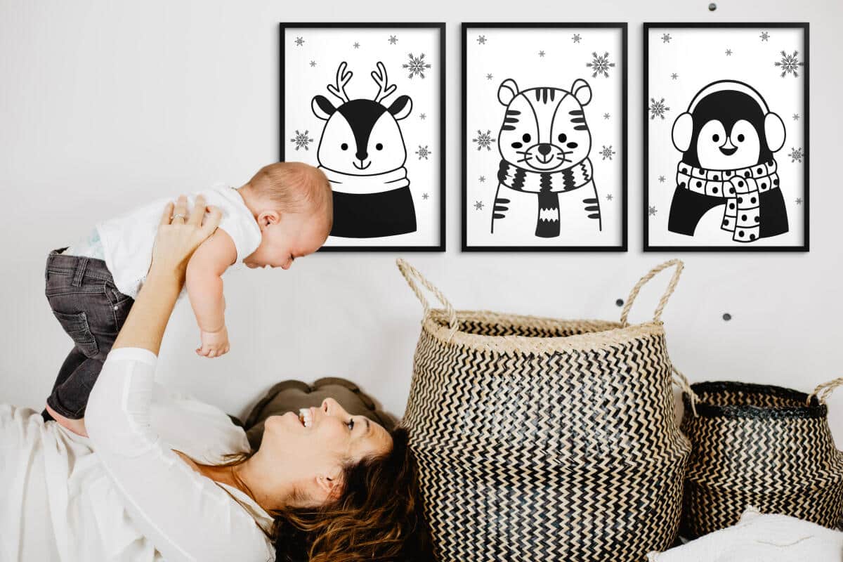 Obrazki Kontrastowe dla niemowląt | Czarno-białe Plakaty dla dzieci- zimowe zwierzątka 82158 - zdjęcie 4