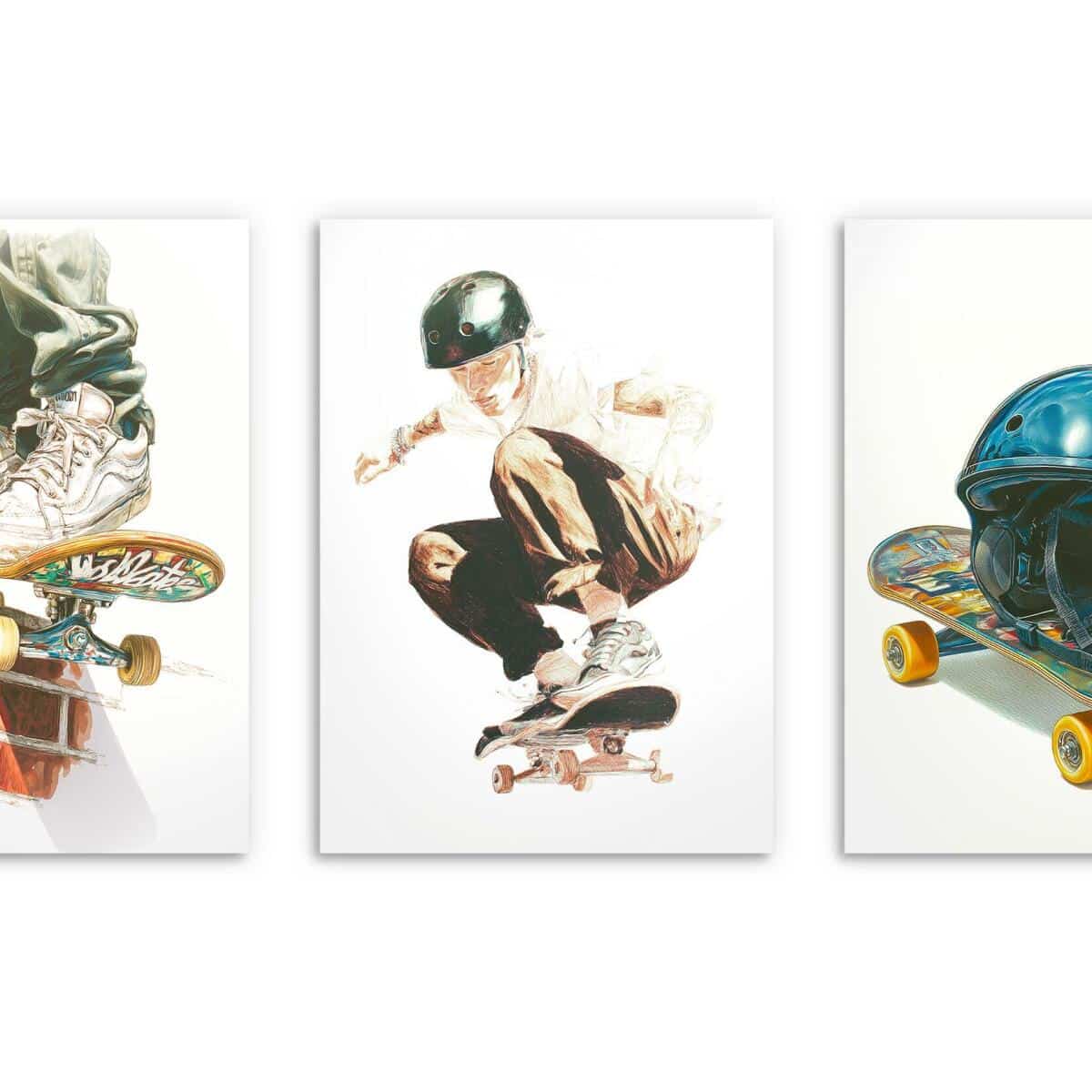 Młodzieżowe Plakaty Street Style- skateboarding | Akwarelowy Tryptyk na ścianę z motywem deskorolki 82198 - zdjęcie 8
