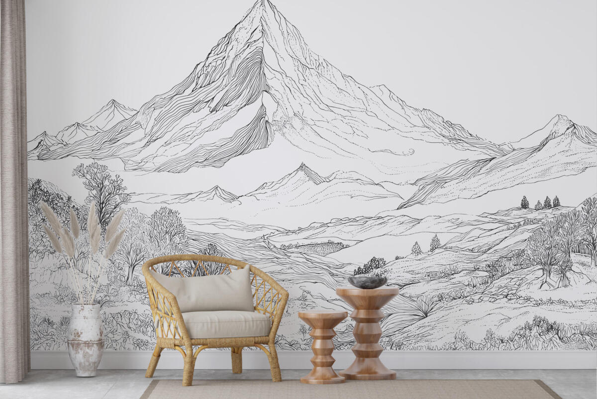 Artystyczna Fototapeta- Szkic górskiego pejzażu | Czarno-biały krajobraz | Grafika Liniowa do biura i salonu 82207 - zdjęcie 2