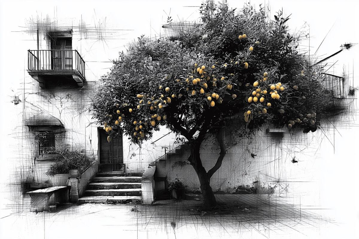 Czarno-biała- Fototapeta Drzewo Cytrynowe | Artystyczny szkic z żółtym akcentem w stylu włoskim 82214 - zdjęcie 4