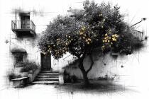 Czarno-biała- Fototapeta Drzewo Cytrynowe | Artystyczny szkic z żółtym akcentem w stylu włoskim 82214 - miniaturka 4