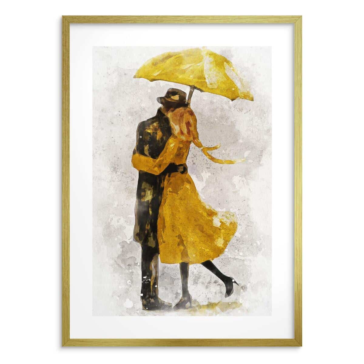 Plakat do sypialni- Para pod Żółtym Parasolem | Romantyczna Dekoracja Ścienna | Obraz Akwarela 82310
