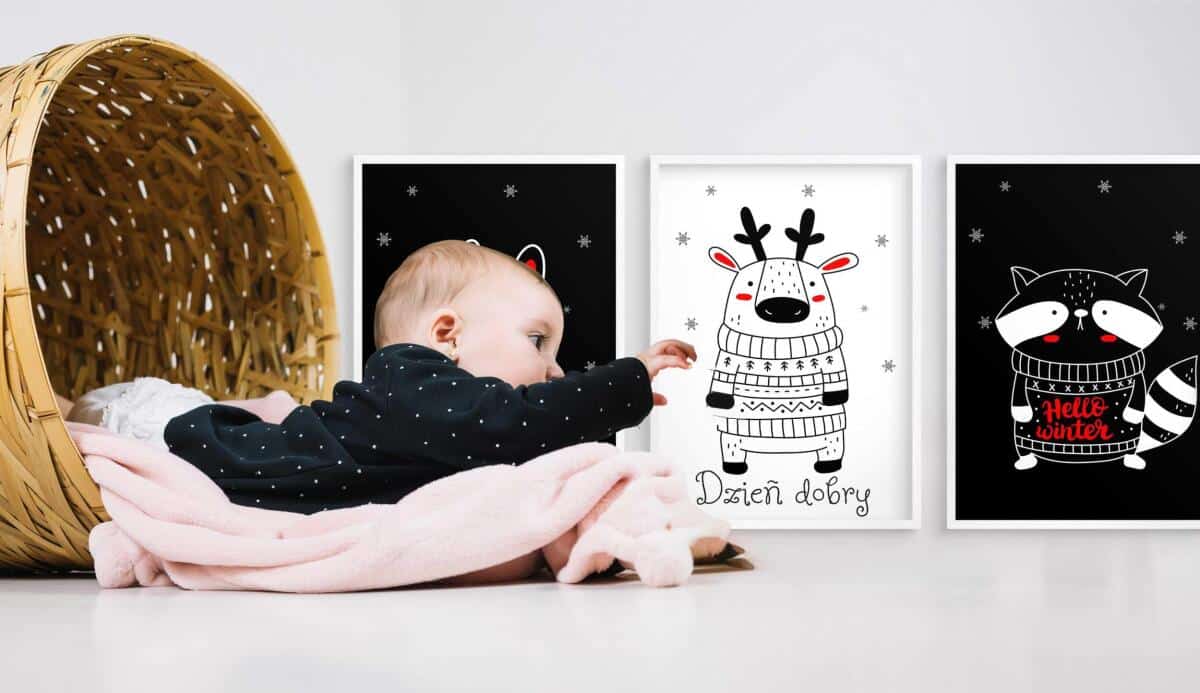 Zestaw Czarno-Białych Plakatów dla Niemowląt – Króliczek, Renifer i Szop | Kontrastowe Obrazki Montessori 82159 - zdjęcie 3