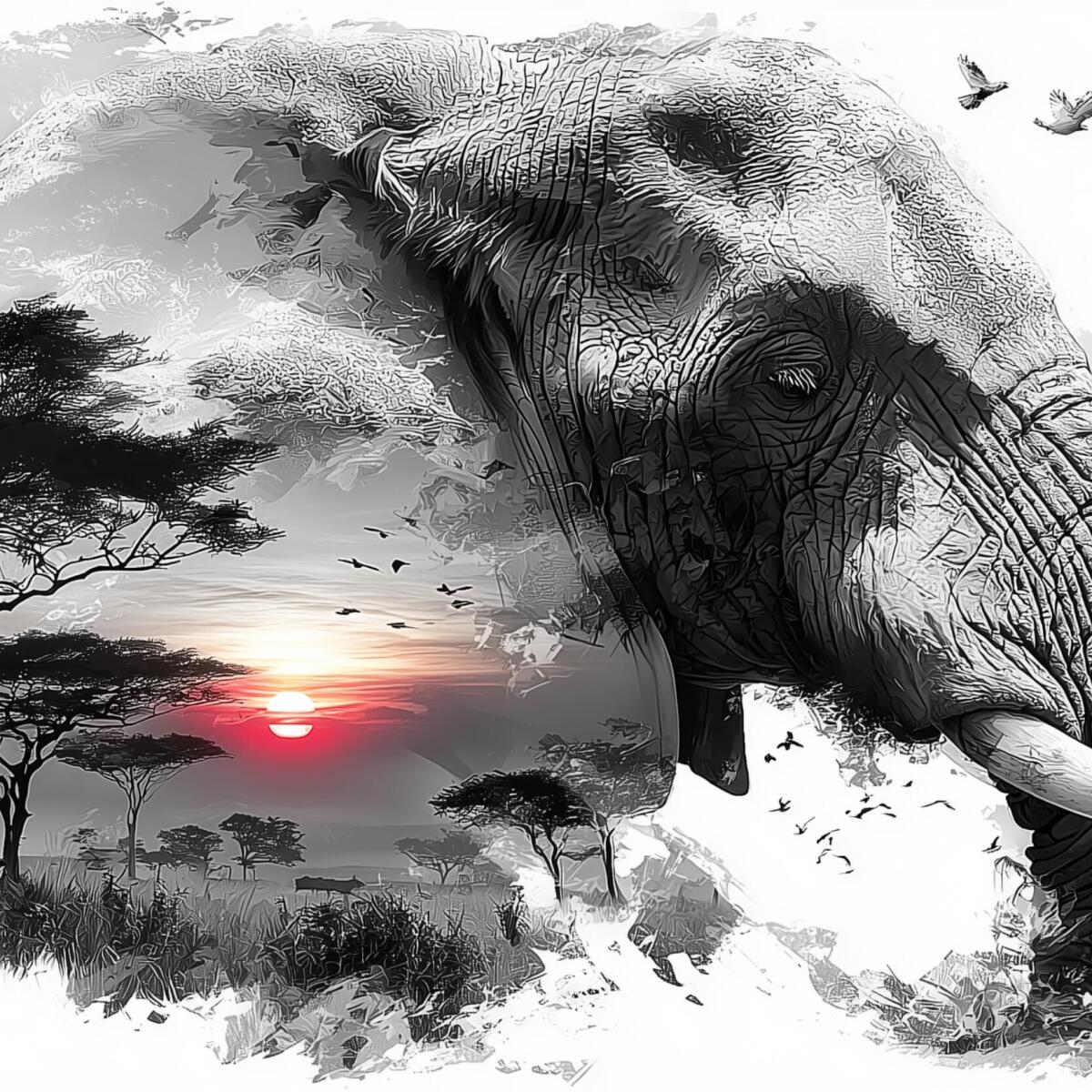 Majestat Dzikiej Afryki- Monochromatyczna Fototapeta Safari | Słoń o Zachodzie słońca 82215 - zdjęcie 4