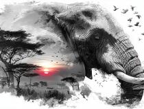 Majestat Dzikiej Afryki- Monochromatyczna Fototapeta Safari | Słoń o Zachodzie słońca 82215 - miniaturka 4