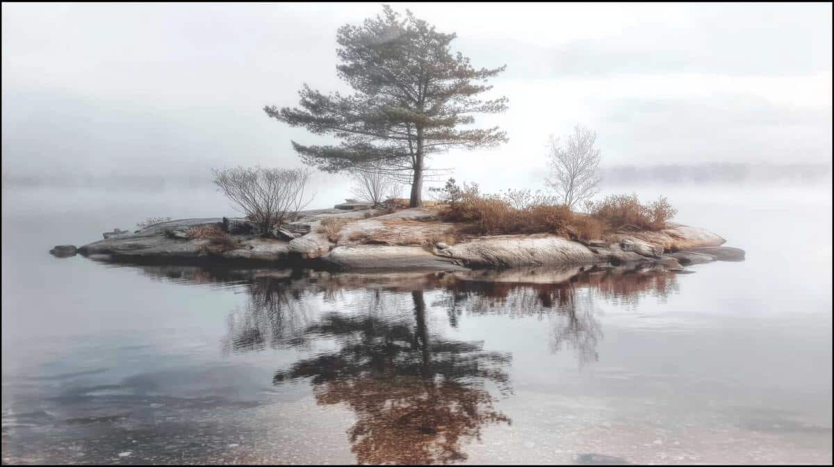 Fototapeta do Salonu — Mglisty Pejzaż Wyspy na Jeziorze | Dekoracja na ścianę w stylu skandynawskim 82107 - zdjęcie 4
