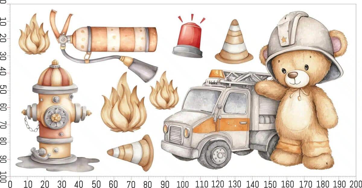 Naklejki dla dzieci Straż Pożarna – Miś Strażak i Wóz Strażacki | Dekoracja do Pokoju chłopca T82205 - zdjęcie 6