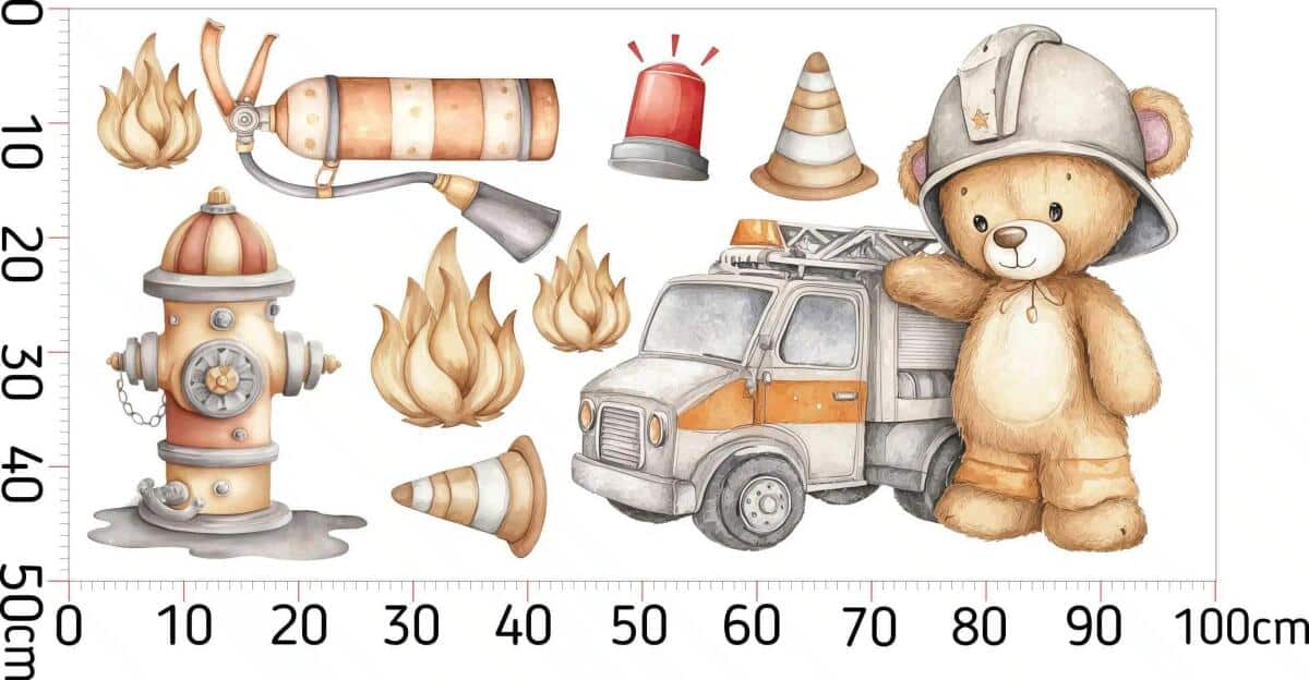 Naklejki dla dzieci Straż Pożarna – Miś Strażak i Wóz Strażacki | Dekoracja do Pokoju chłopca T82205 - zdjęcie 4