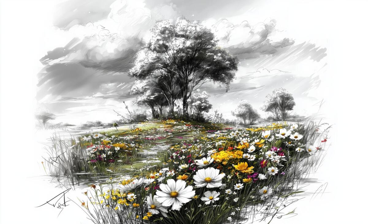 Czarno- biała Fototapeta z kolorowym akcentem- Łąka kwietna | Polne Kwiaty i drzewa- rustykalna dekoracja do salonu, sypialni 82212 - zdjęcie 4