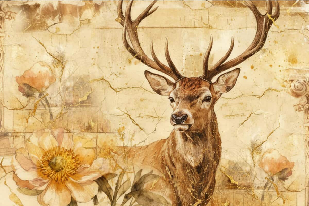 Artystyczna Fototapeta do salonu – Jeleń wśród kwiatów – akwarela, ornament, złote przetarcia 51038 - zdjęcie 3