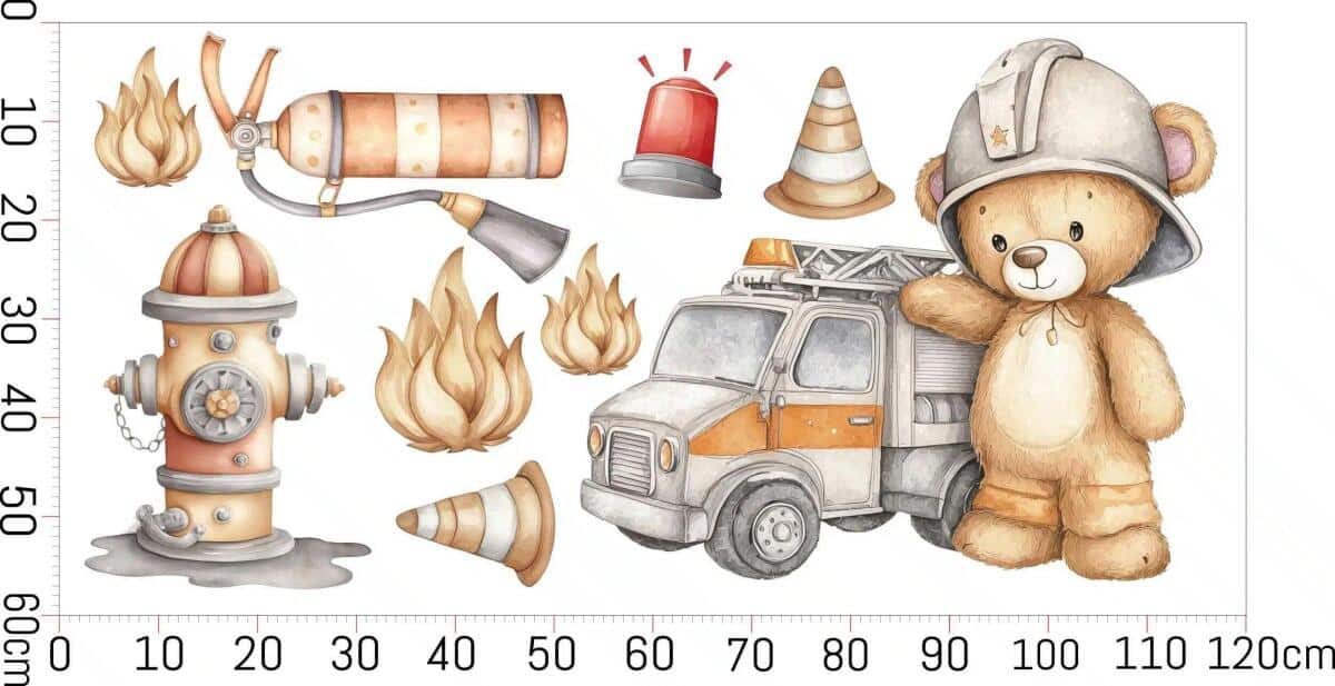 Naklejki dla dzieci Straż Pożarna – Miś Strażak i Wóz Strażacki | Dekoracja do Pokoju chłopca T82205 - zdjęcie 5