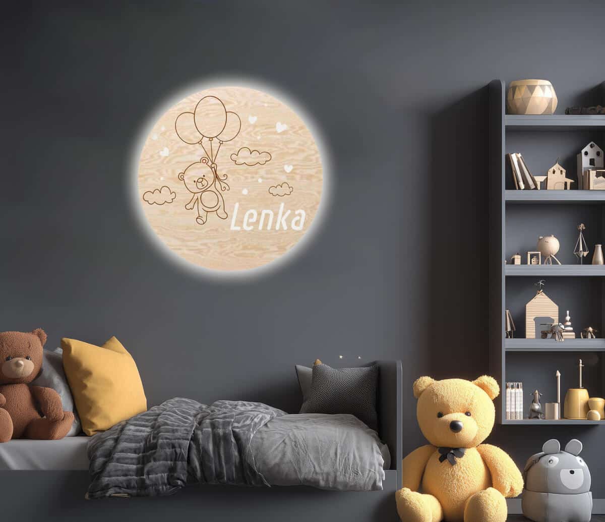 Drewniana Lampka do pokoju dziecięcego | Okrągła Lampka Nocna z imieniem dziecka- Miś i baloniki 82278 - zdjęcie 2