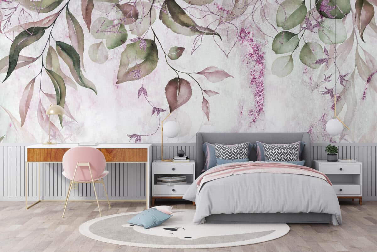 Fototapeta w odcieniach zieleni i różu- Wiszące kwiaty i liście | Romantyczna dekoracja do sypialni 82250 - zdjęcie 3