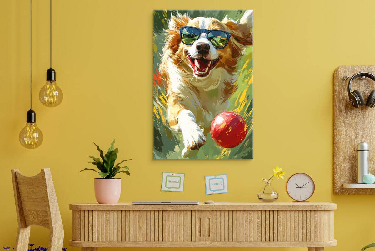Obraz młodzieżowy – Pies w okularach z piłką | Kolorowa dekoracja na ścianę do pokoju dziecka i nastolatka O94213 - zdjęcie 4