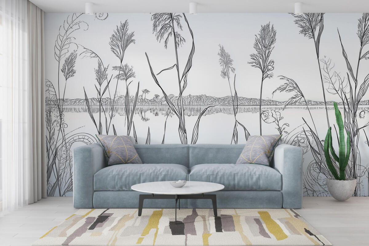 Fototapeta z krajobrazem natury- Rysunek traw i jeziora | Minimalistyczny pejzaż w stylu skandynawskim 82206 - zdjęcie 3