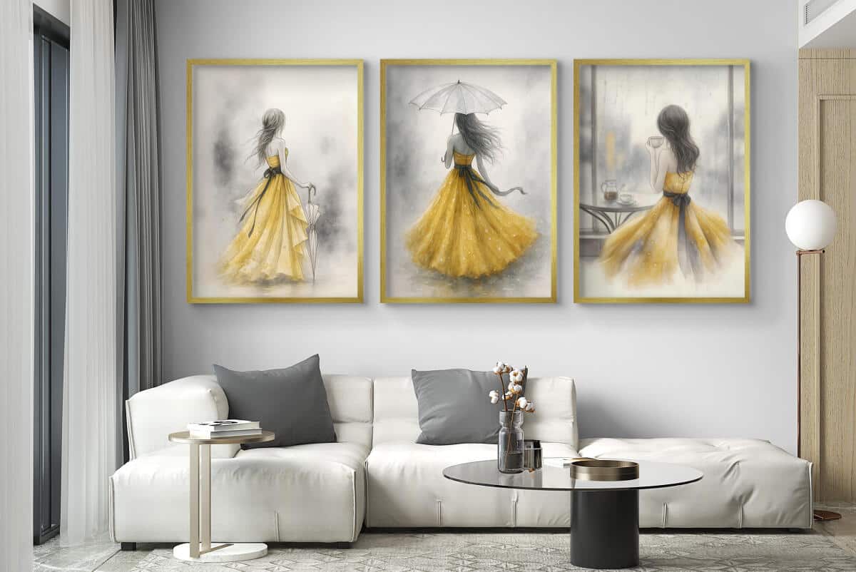 Subtelne Plakaty z kobietą w złotej sukni | Elegancki Tryptyk Akwarela | Obrazy na ścianę do salonu, sypialni 94025 - zdjęcie 2