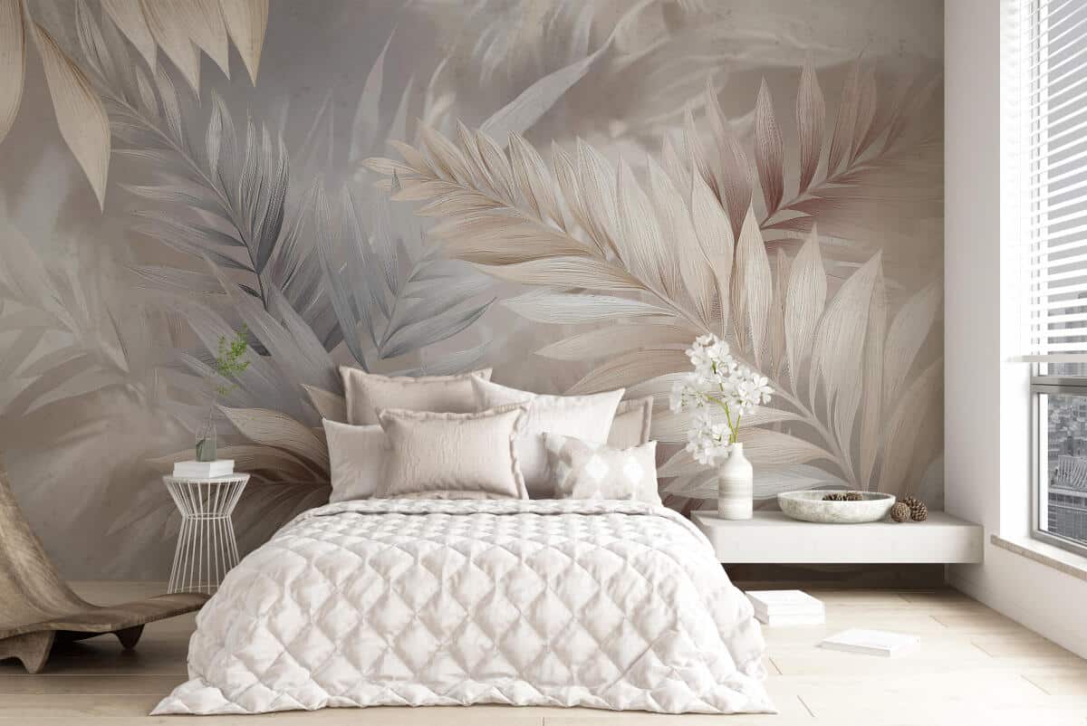 Elegancka Fototapeta z Beżowymi Liśćmi | Dekoracyjna tapeta w stylu boho i glamour | Nowoczesny motyw roślinny do salonu i sypialni 82248 - zdjęcie 2