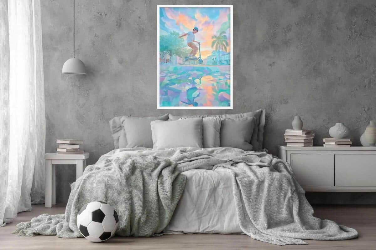 Młodzieżowy Plakat Urban Art– hulajnoga, miasto i pastelowe barwy | Kolorowa dekoracja do pokoju chłopca 82191 - zdjęcie 2