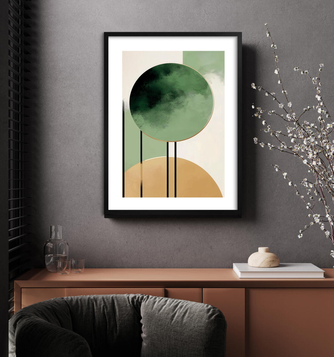 Minimalistyczny Plakat Abstrakcyjny – Zielone i Złote Kształty | Geometryczne Obrazy na ścianę w stylu boho, nordic 82307 - zdjęcie 2